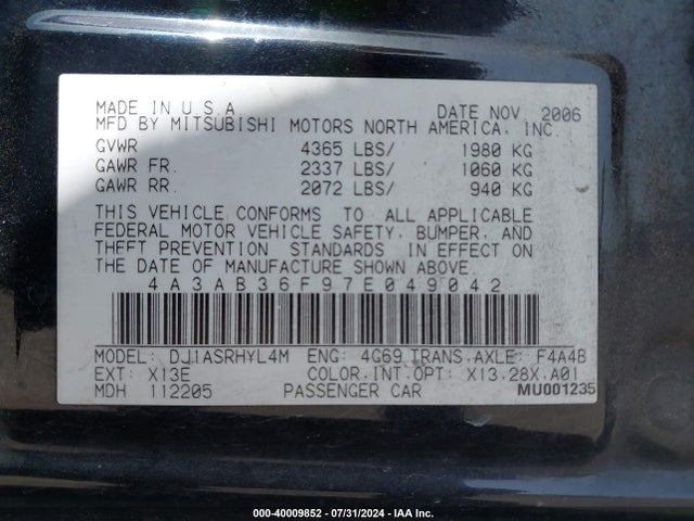 2007 MITSUBISHI GALANT 4A3AB36F97E049042 Photo 8