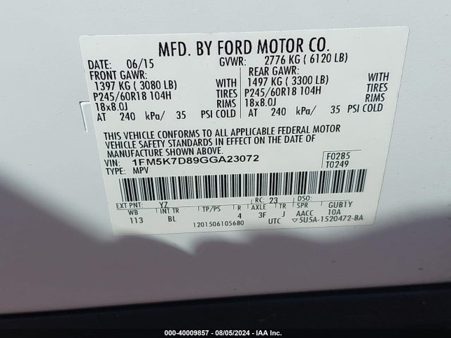 Ford EXPLORER XLT 2016 1FM5K7D89GGA23072 Image 9