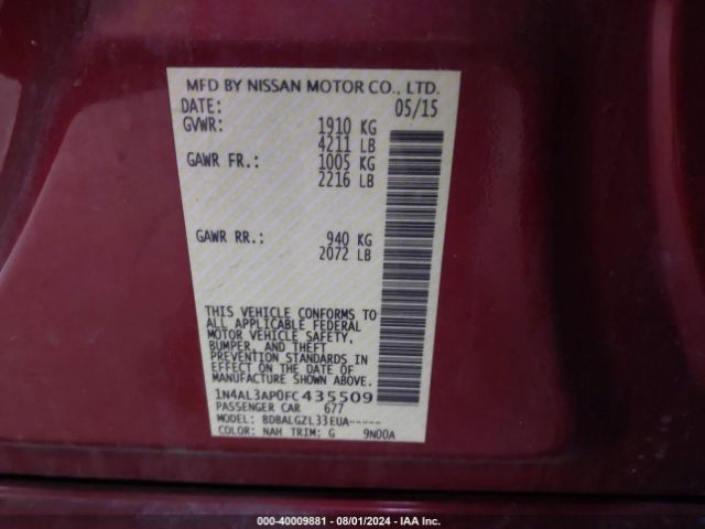 1N4AL3AP0FC435509 Nissan Altima 2.5/2.5 S/2.5 Sl/2.5 Sv