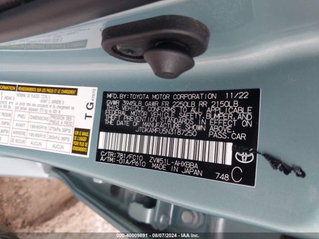 JTDKAMFU5N3187250 Toyota Prius L