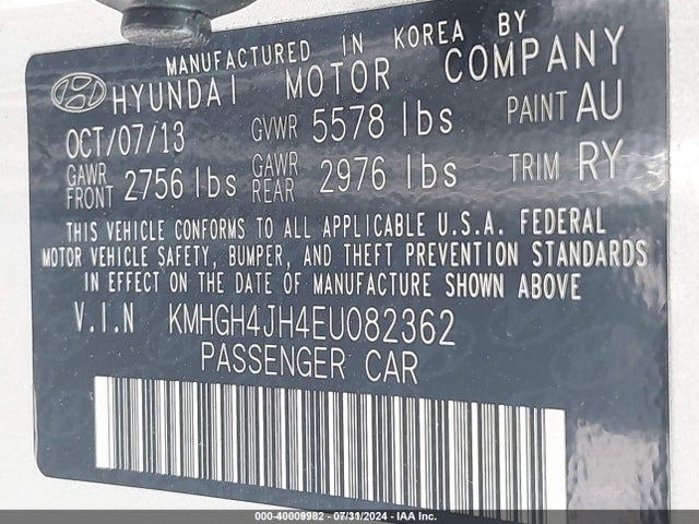 KMHGH4JH4EU082362 Hyundai Gdi Tau