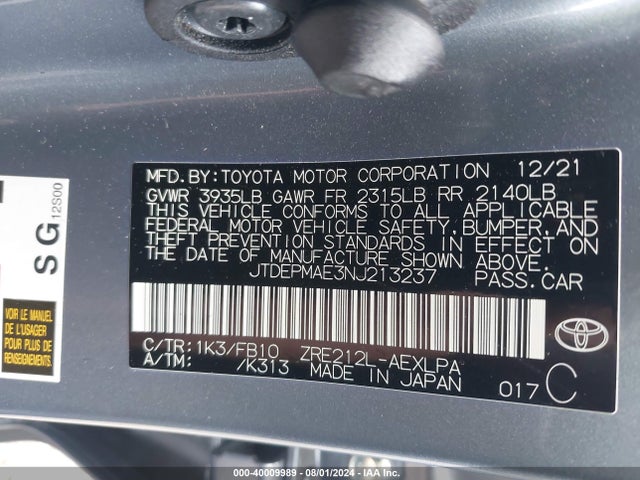 Toyota COROLLA LE 2022 JTDEPMAE3NJ213237 Image 9