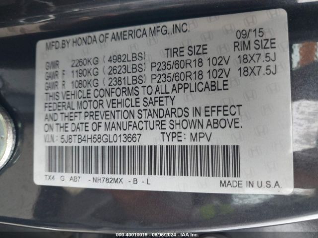 5J8TB4H58GL013667 Acura Rdx Technology   Acurawatch Plus Packages/technology Package