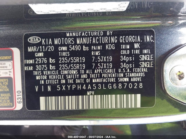 KIA Sorento 3.3l Ex 2020 5XYPH4A53LG687028 Image 9