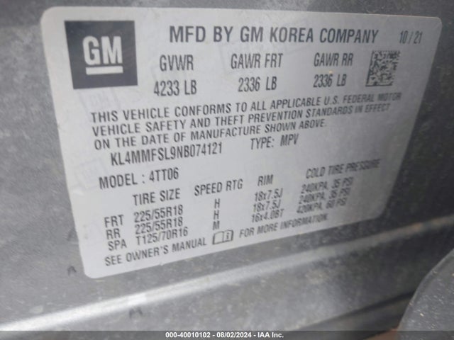KL4MMFSL9NB074121 Buick Encore Gx Fwd Essence