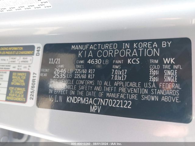 KNDPM3AC7N7022122 KIA Sportage Lx