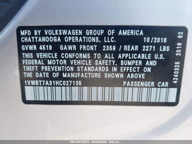 1VWBT7A31HC027135 Volkswagen Passat 1.8t Se