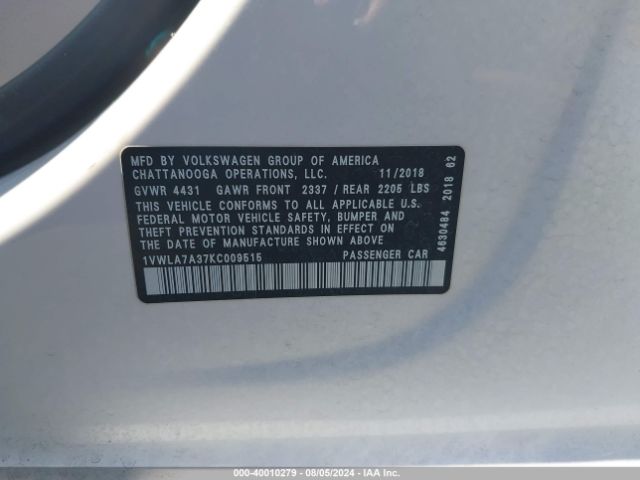 1VWLA7A37KC009515 Volkswagen Passat 2.0t Wolfsburg Edition