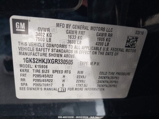 1GKS2HKJXGR330505 GMC YUKON XL DENALI