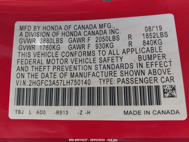 Honda CIVIC SI COUPE 2020 2HGFC3A57LH750140 Image 9