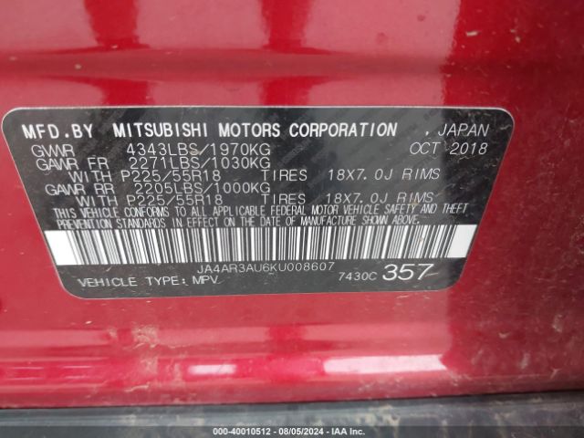 JA4AR3AU6KU008607 Mitsubishi Outlander Sport 2.0 Es