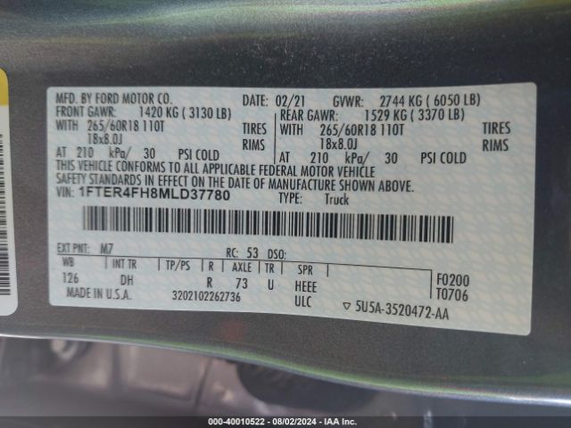 1FTER4FH8MLD37780 Ford Ranger Lariat