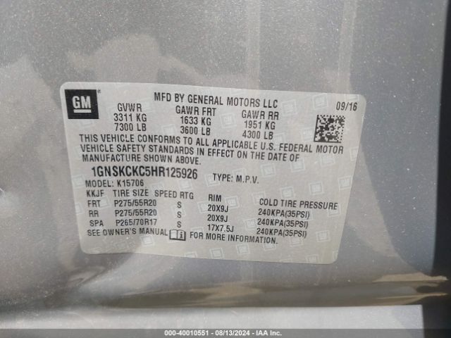 1GNSKCKC5HR125926 Chevrolet Tahoe Premier