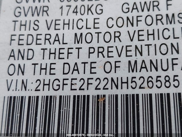 Honda Civic Lx 2022 2HGFE2F22NH526585 Image 9