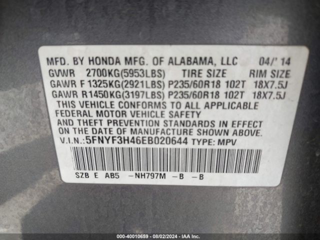 5FNYF3H46EB020644 Honda Pilot Ex