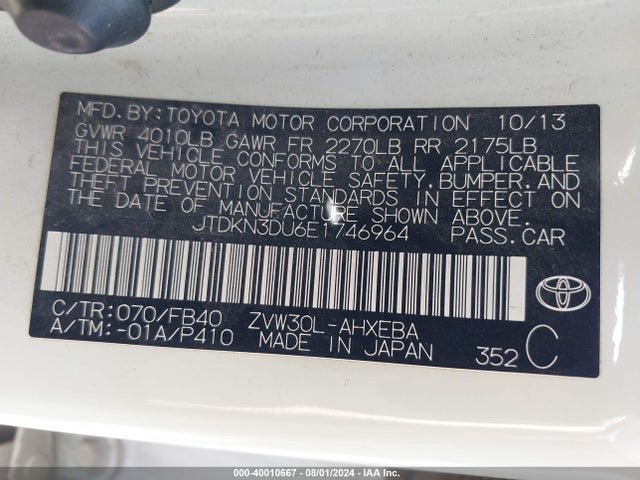 Toyota Prius Two 2014 JTDKN3DU6E1746964 Image 9