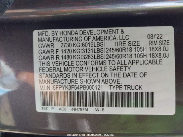 5FPYK3F54PB000121 Honda Ridgeline Rtl