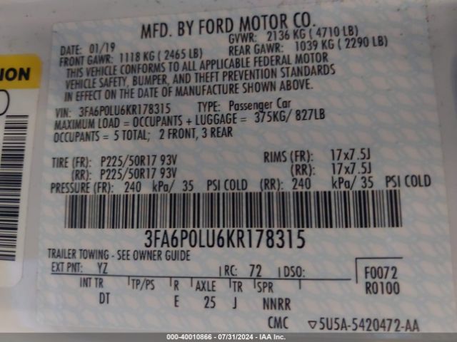 3FA6P0LU6KR178315 Ford Fusion Hybrid Se