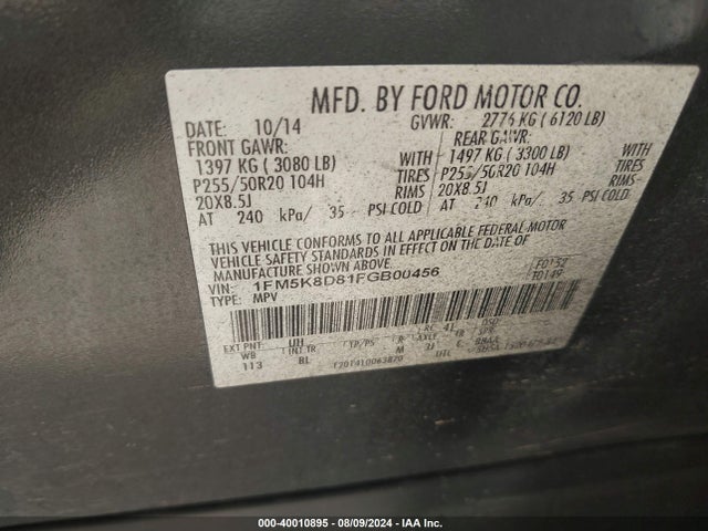 Ford EXPLORER XLT 2015 1FM5K8D81FGB00456 Image 9