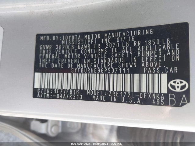 Toyota COROLLA LE 2016 5YFBURHE9GP507111 Image 9