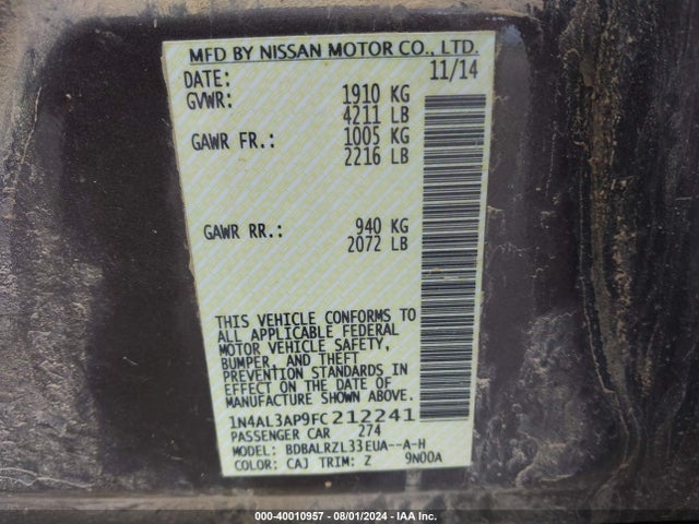 Nissan Altima 2015 1N4AL3AP9FC212241 Image 25
