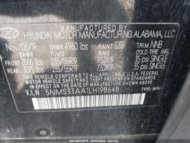 5NMS33AA1LH198648 Hyundai Santa Fe Sel 2.0t