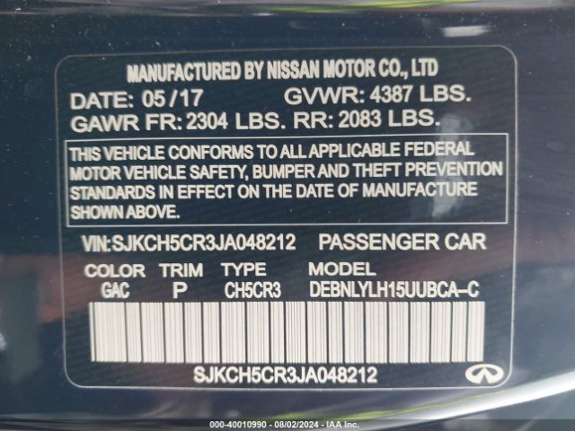 SJKCH5CR3JA048212 Infiniti Qx30 Premium