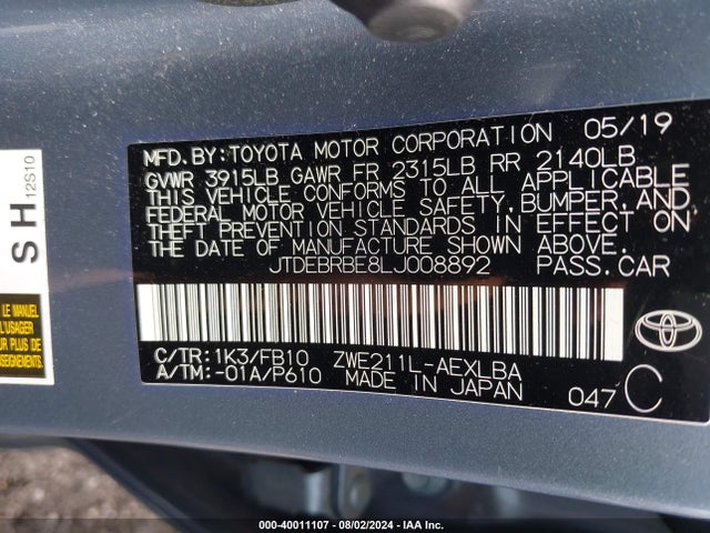 Toyota Corolla Hybrid Le 2020 JTDEBRBE8LJ008892 Image 9