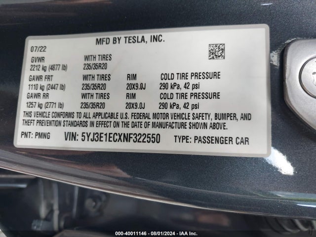 2022 TESLA MODEL 3 5YJ3E1ECXNF322550 Photo 8