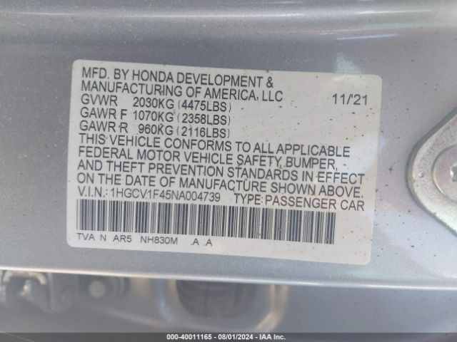 1HGCV1F45NA004739 Honda Accord Sport Special Edition