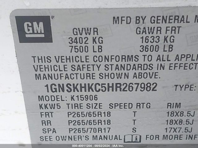 1GNSKHKC5HR267982 Chevrolet Suburban Lt