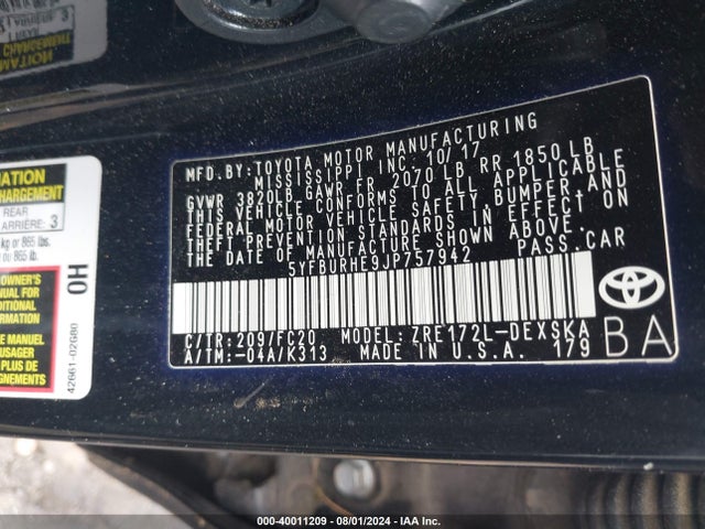 Toyota COROLLA SE 2018 5YFBURHE9JP757942 Image 9