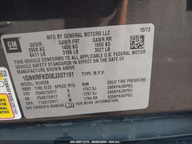 1GNKRFKD0EJ207191 Chevrolet Traverse Ls