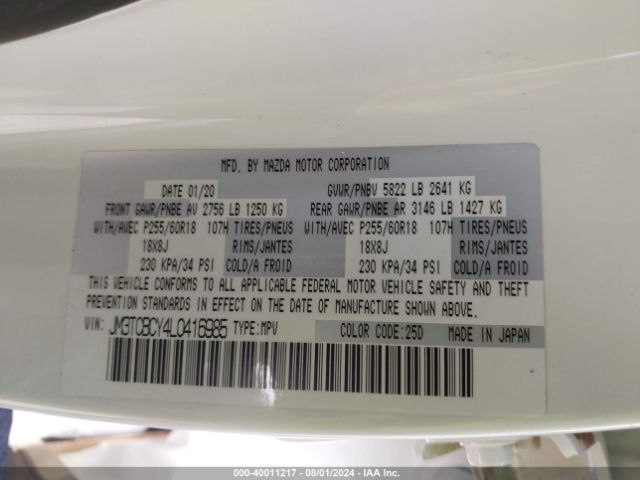 JM3TCBCY4L0416985 Mazda Cx-9 Touring