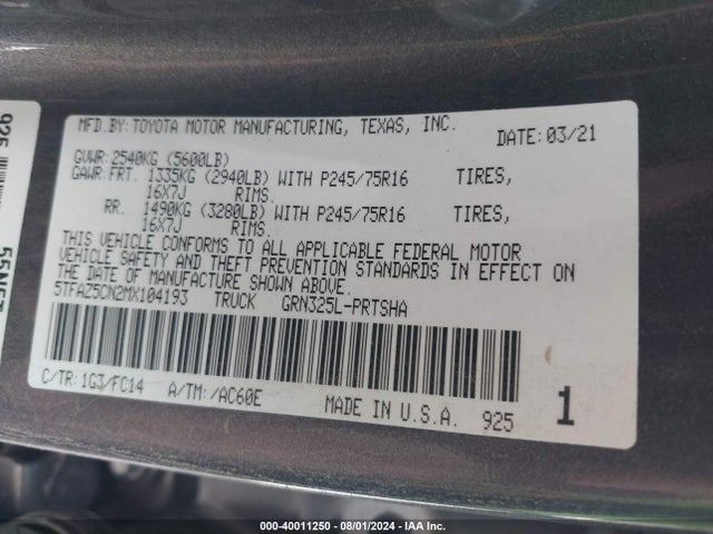Toyota Tacoma Sr5 V6 2021 5TFAZ5CN2MX104193 Image 9
