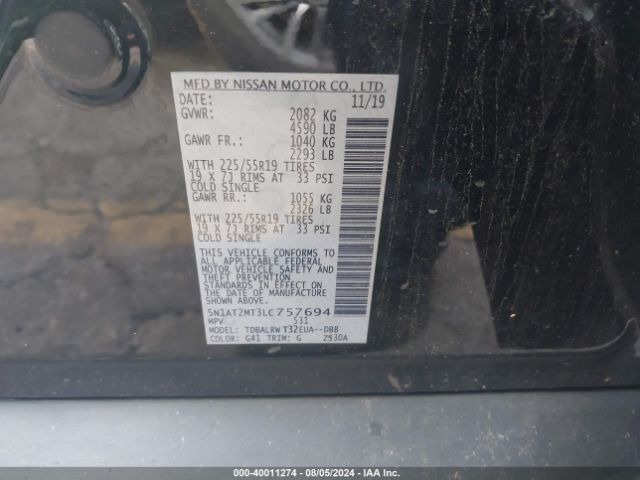 5N1AT2MT3LC757694 Nissan Rogue Sl Fwd