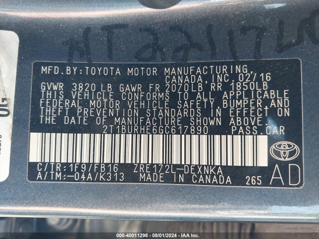 Toyota COROLLA LE 2016 2T1BURHE6GC617890 Image 9