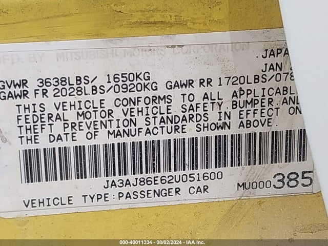 2002 MITSUBISHI LANCER JA3AJ86E62U051600 Photo 8