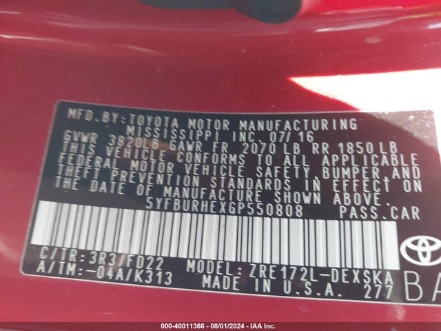 Toyota Corolla S 2016 5YFBURHEXGP550808 Image 9