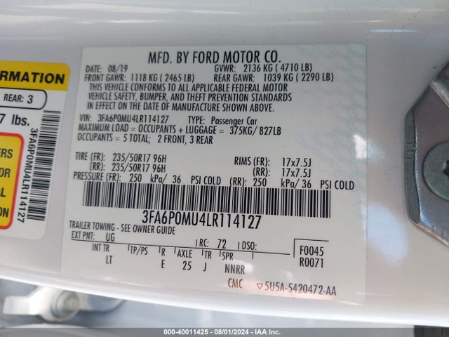 Ford Fusion Hybrid Sel 2020 3FA6P0MU4LR114127 Image 9