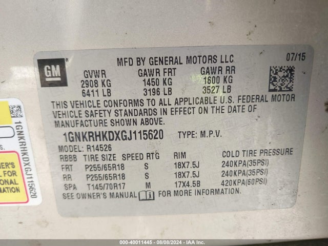 Chevrolet Traverse 2lt 2016 1GNKRHKDXGJ115620 Image 9