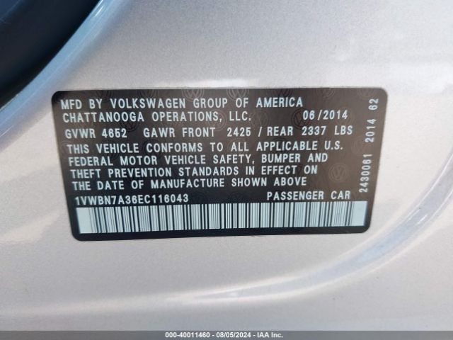 1VWBN7A36EC116043 Volkswagen Passat 2.0l Tdi Se