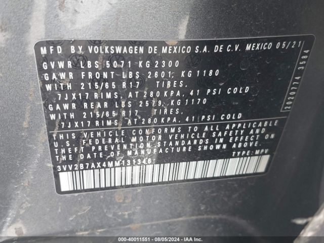 3VV2B7AX4MM131346 Volkswagen Tiguan 2.0t Se/2.0t Se R-line Black/2.0t Sel