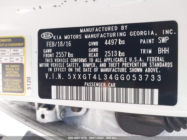 5XXGT4L34GG053733 KIA Optima Lx