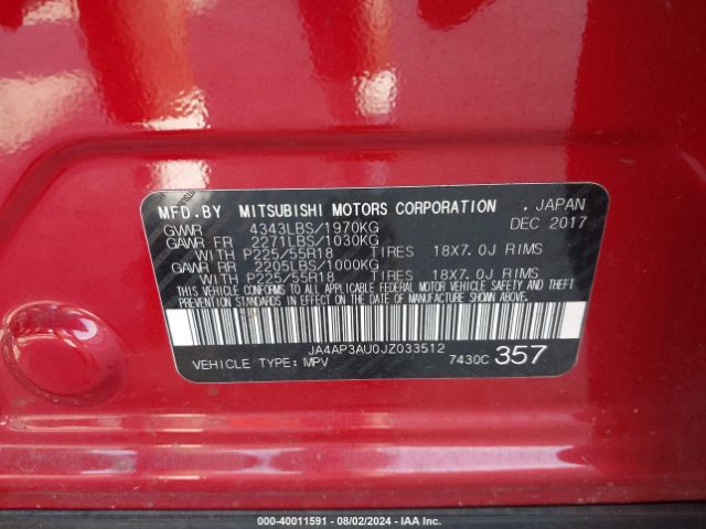JA4AP3AU0JZ033512 Mitsubishi Outlander Sport Es 2.0