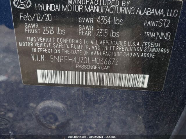 5NPEH4J20LH036672 Hyundai Sonata Limited