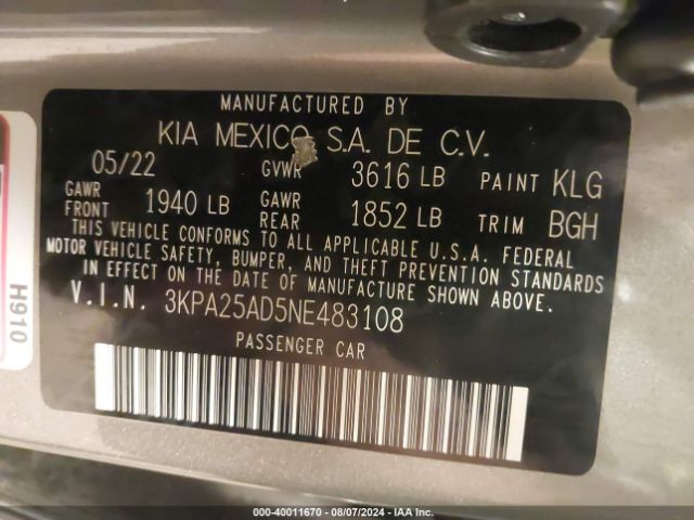 3KPA25AD5NE483108 KIA Rio 5-door S