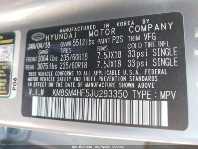 KM8SM4HF5JU293350 Hyundai Santa Fe Se