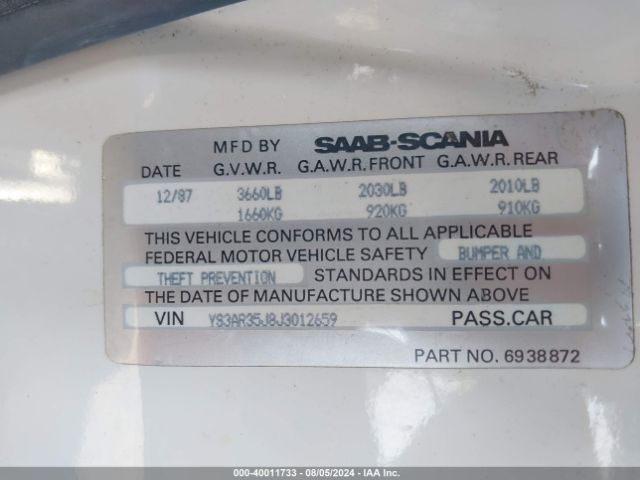 1988 SAAB 900 YS3AR35J8J3012659 Photo 8