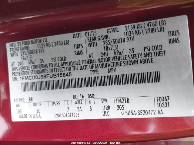Ford Escape Titanium 2015 1FMCU0J98FUB15845 Image 9